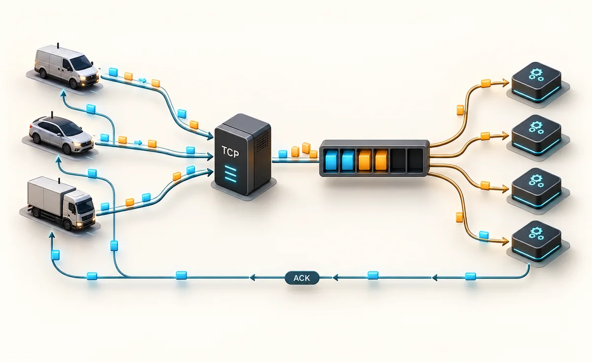 Concept illustration: synthetic vehicle telemetry flows through TCP, a bounded queue and four Go workers, with acknowledgments returning to clients